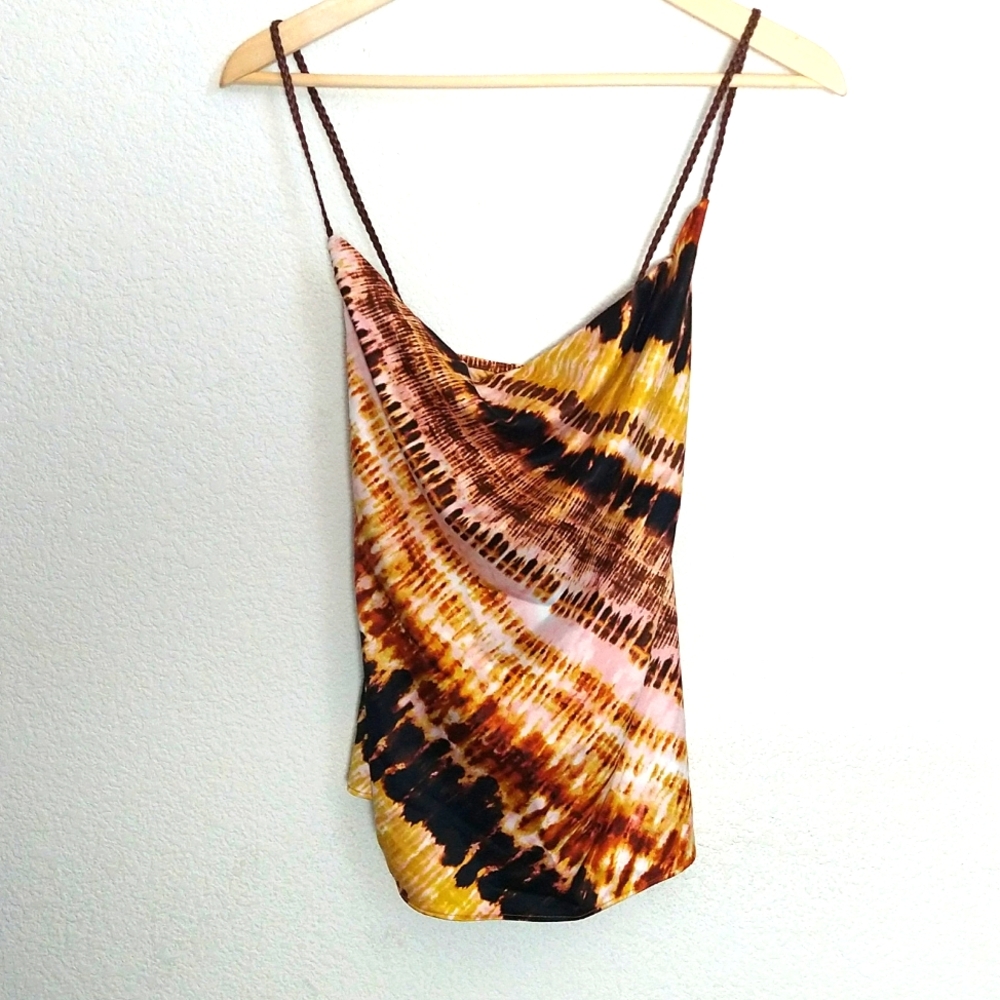 NWT Kensie Brown Mustard Tie Dye Die Braided Faux Leather Straps Top Size Small
